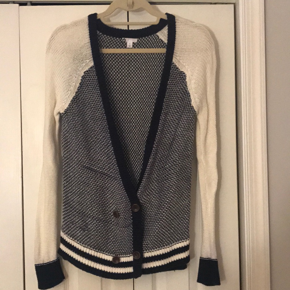 Navy and cream cardigan with buttons on front